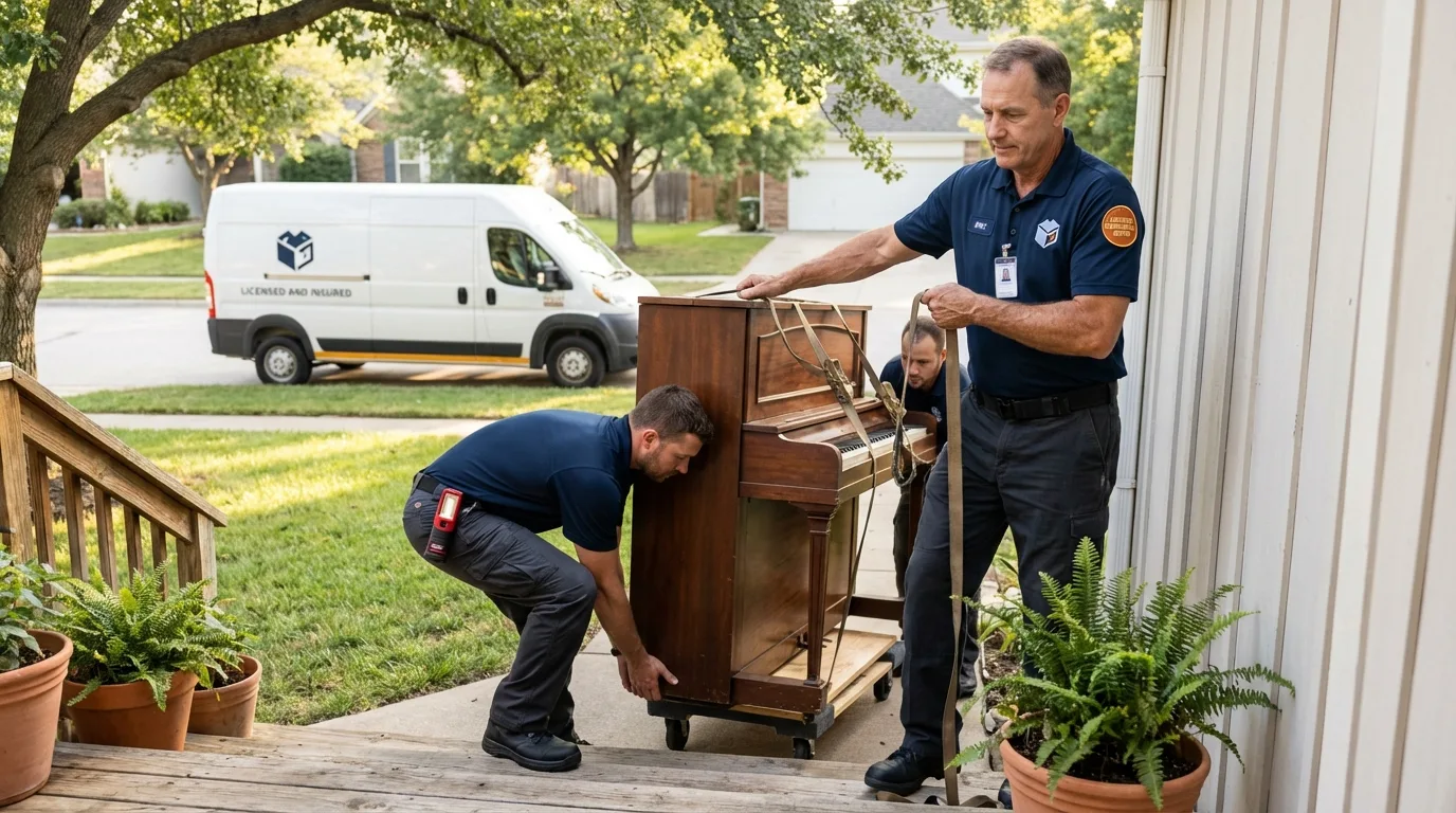Licensed piano movers securing grand piano in Wyckoff, NJ
